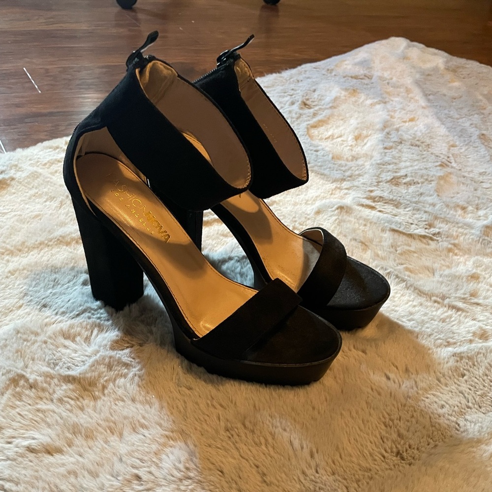 black suede block platform heel from fashion nova